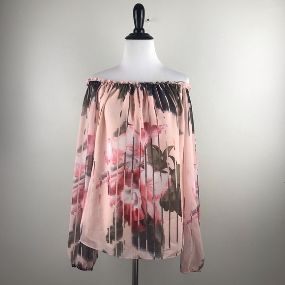 WHBM S Pink Off Shoulder Floral Long Sleeve Blouse - Picture 1 of 8